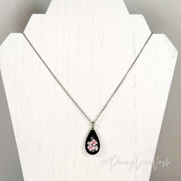 Vintage Jewelry - Vintage Black Tear Drop w Pink Flower Painted Pendant Necklace